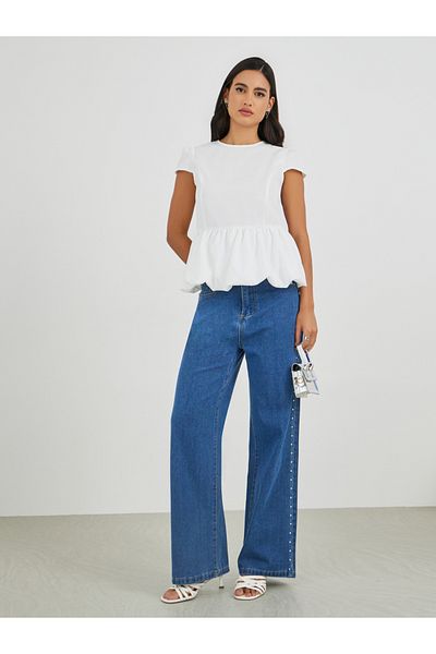 Styli Balloon Hem Short Sleeve Blouse