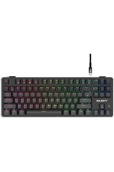 majesty لوحة مفاتيح ألعاب ميكانيكية بـ 87 مفتاحًا، RGB، TKL، مفتاح Outemu أحمر، إضاءة باللغتين الإنجليزية والعربية