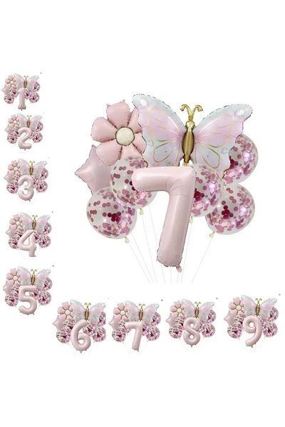 parti sürprizi Gold Butterfly Daisy 7 Year Old Foil Balloon Set