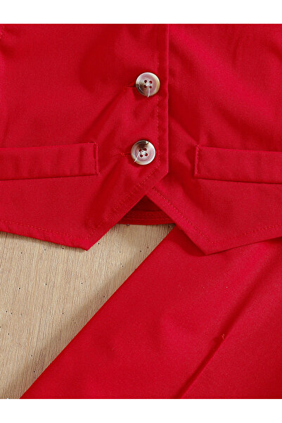 Take Two By Styli Girls Red Button Detail Vest and Wide Leg Pants Set