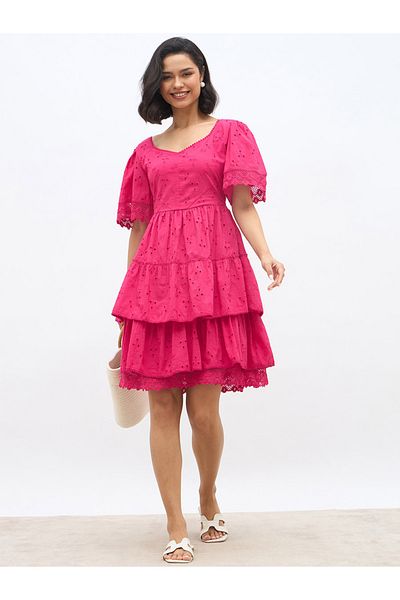 Styli Schiffli Flared Sleeves Layered Tiered Knee-Length Dress