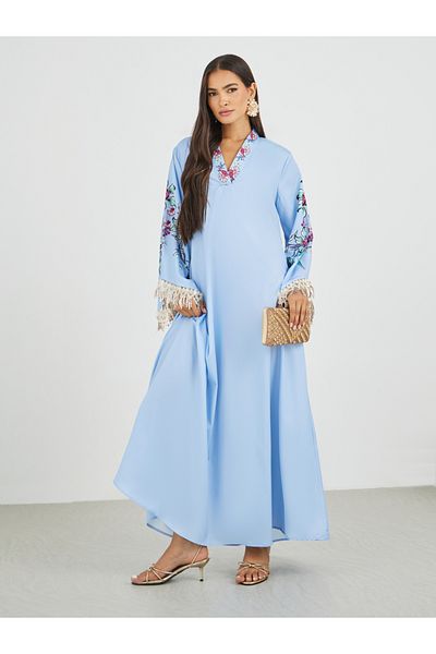 Styli Floral Print Tasselled Long Sleeve A-Line Jalabiya