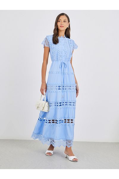 Styli Solid Lace Short Sleeves Tiered Maxi Dress with Tie Detail