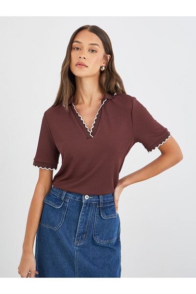 Styli Rib Knit Short Sleeve Polo Neck Top