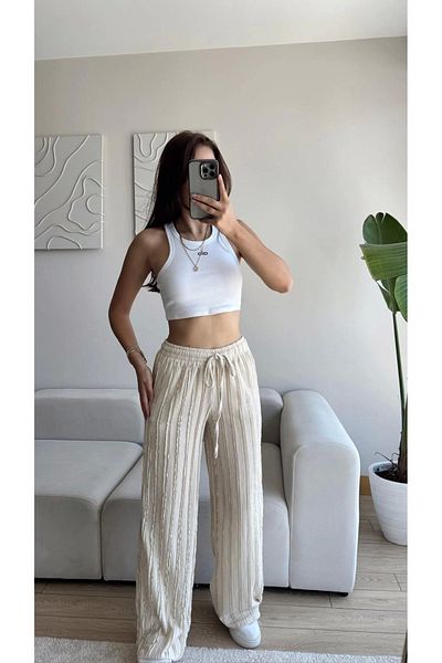 Zoom Butik Ribbed High Waist Trousers - Beige