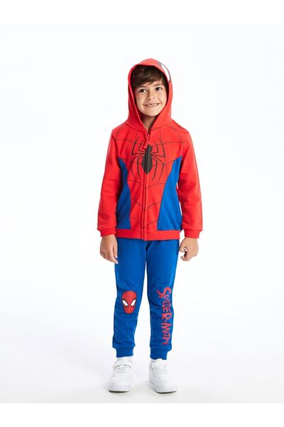 LC Waikiki Lcw Kids Hooded Spider-Man Printed Boys' Cardigan and Sweatpants Bottom 2-Piece Set