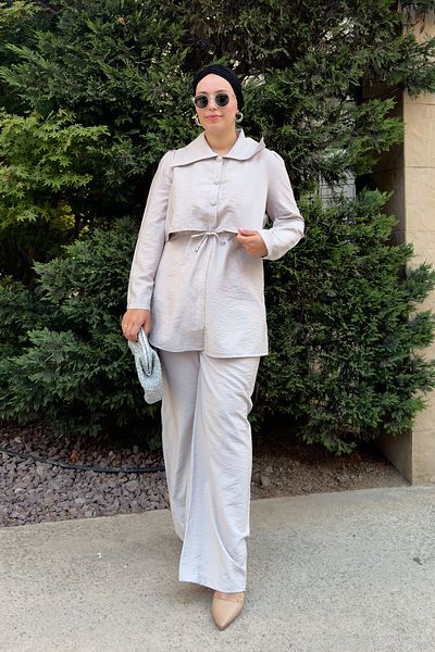 LOCCO Women's Stone Button Detailed Suit Light Gray