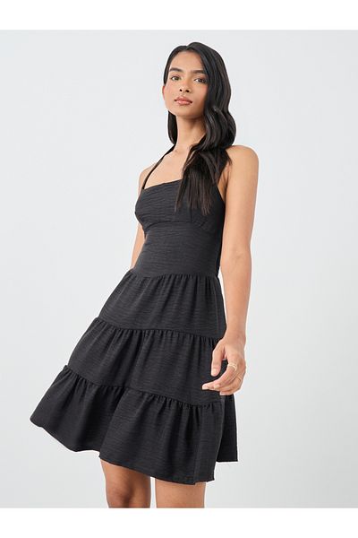 Styli Solid Sleeveless Halter Neck Tiered Mini Dress