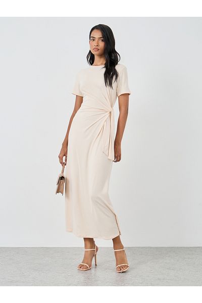 Styli Solid Short Sleeve Wrap Midi Dress with Tie Up Detail