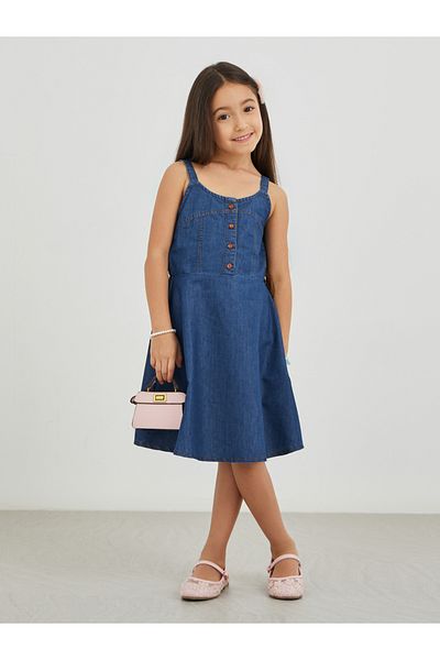 Styli Girls Blue Solid Denim A-Line Dress with Button Front