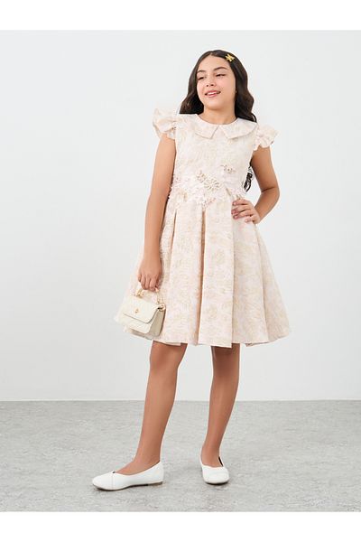 Styli Girls Jacquard Box Pleated Dress with Waist Embellishment