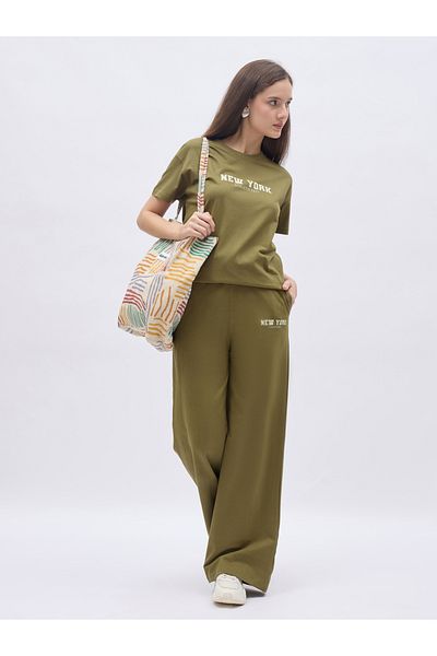 Styli Khaki Slogan Print Boxy T-Shirt and Wide Leg Joggers Co-Ords