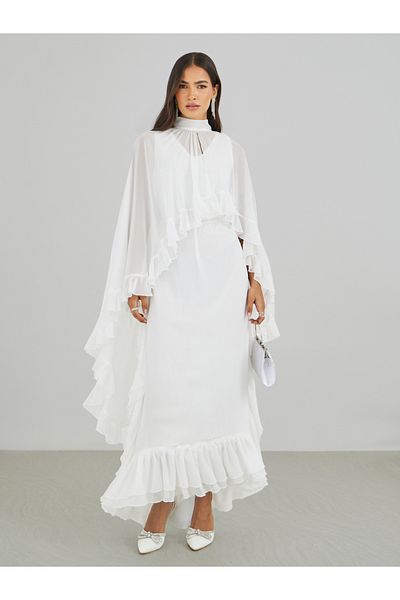 Styli Ruffled Cape Sleeve High Neck Maxi Dress