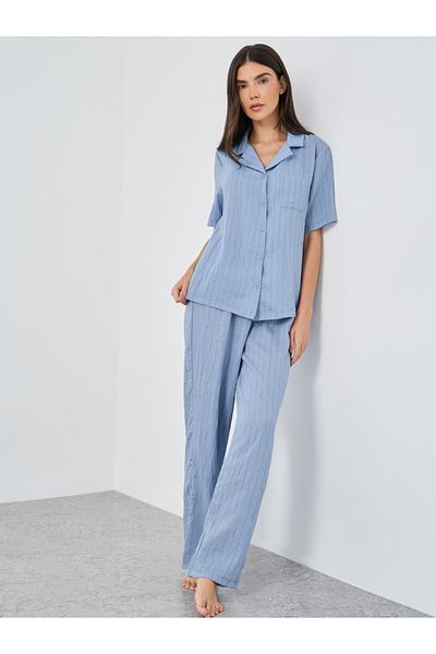 Styli Textured Striped Buttoned Shirt and Pyjama Set