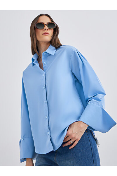 Styli قميص نسائي أزرق سماوي كبير الحجم بأزرار
