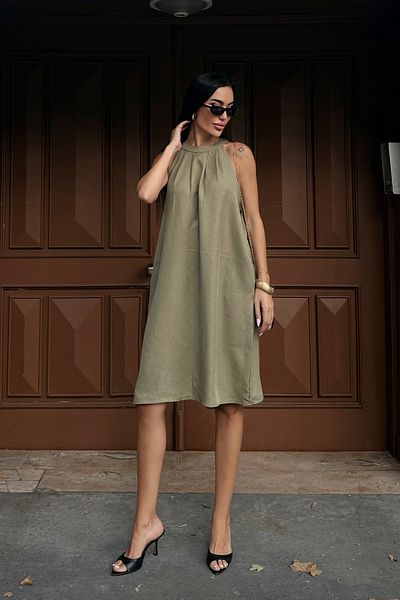 Fav Style Γυναικείο κοντό φόρεμα με γιακά Halter Αμάνικο λινό υφαντό με τσέπες Χακί