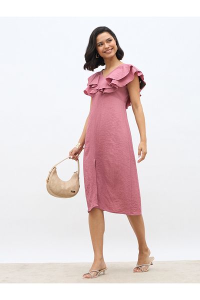 Styli Solid Ruffled Detail V-Neck A-Line Midi Dress