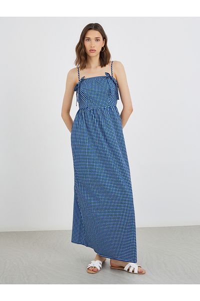 Styli Plaid Sleeveless A-Line Maxi Dress with Square Neck