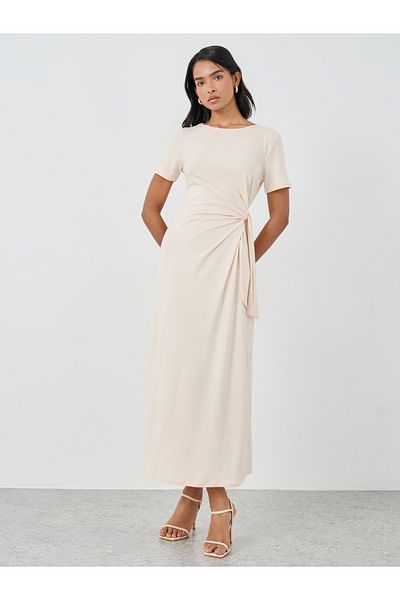 Styli Solid Short Sleeve Wrap Midi Dress with Tie Up Detail