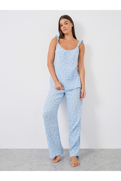 Styli All-Over Daisy Print Cotton Gauze Ruffle Shoulder Cami and Pyjama Set