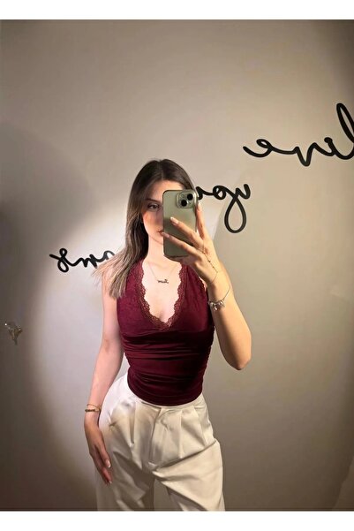 Bravebell Bordo Dantel Detaylı Bağlamalı Kolsuz Crop