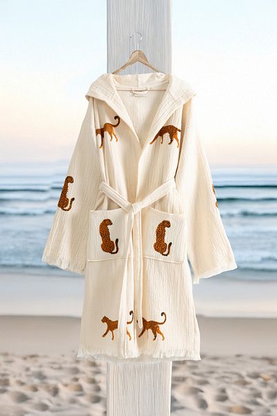 VAROL Organic 100% Cotton Hooded Sturdy Bathrobe Beach Dress - Leopard - L/Xl