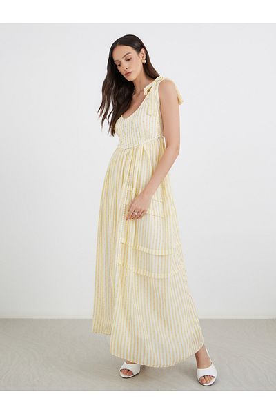 Styli Tie-Up Sleeve Dobby Striped Maxi Dress