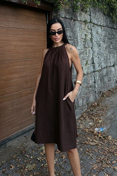 Fav Style Γυναικείο κοντό φόρεμα με γιακά Halter Αμάνικο λινό με τσέπες καφέ