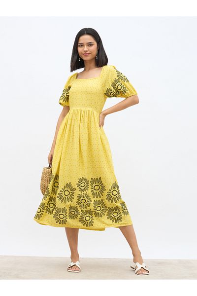 Styli Embroidered Puff Sleeves A-Line Midi Dress