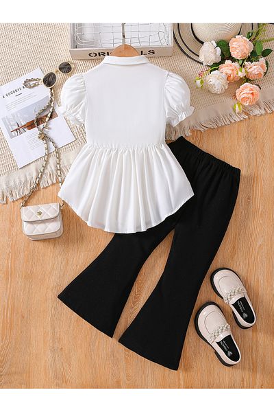 Take Two By Styli Color Block Puff Sleeve Shirt and Flared Pants Set