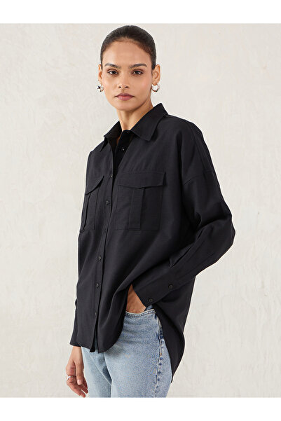 Femmella By Styli Black Pocket Detail Buttoned Shirt