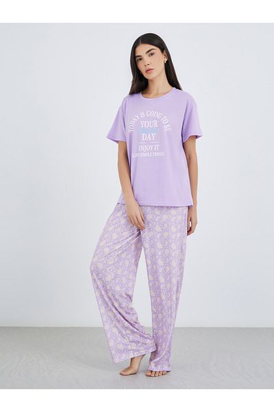 Styli Women Lilac Slogan Print Dropped Shoulder T-Shirt and Paisley Print Pyjama Set