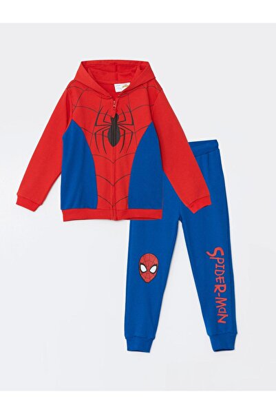 LC Waikiki Lcw Kids Hooded Spider-Man Printed Boys' Cardigan and Sweatpants Bottom 2-Piece Set