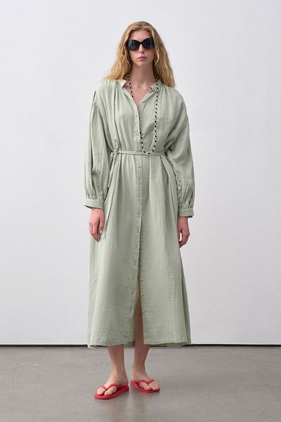 mathilda store Women's Mint Muslin Midi Shirt Dress
