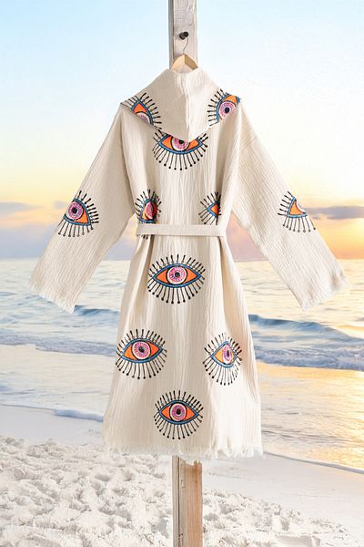 VAROL Organic 100% Cotton Hooded Robe Beach Dress - Eye - L/Xl