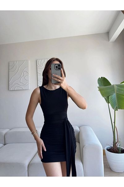 Zoom Butik Belted Sandy Dress - Black