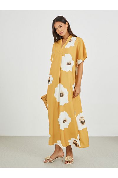 Styli Floral Print Batwing Sleeve V-Neck Maxi Dress