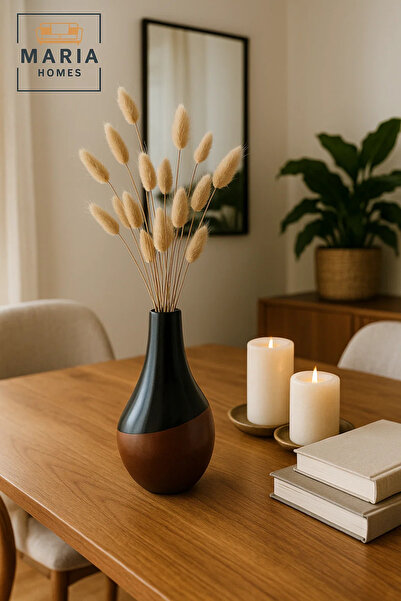 MARIA HOMES Modern Ceramic Vase with Glossy Black & Wood-Tone Base – Teardrop Shape