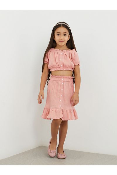 Styli Buttoned Puff Sleeve Crop Top and Skirts Set