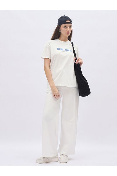Styli Off White Slogan Print Boxy T-Shirt and Wide Leg Joggers Co-Ords