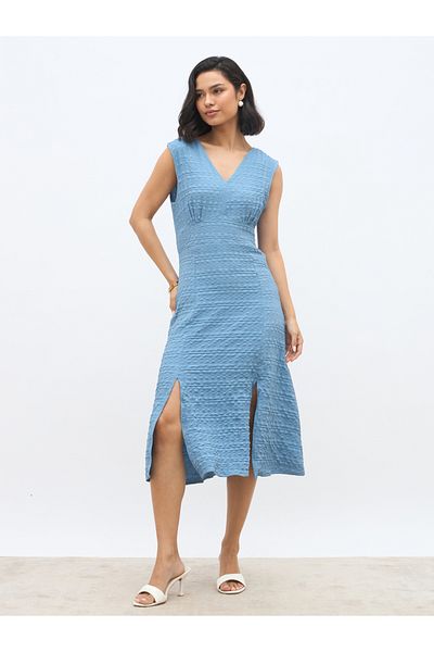 Styli Women Self Design V Neck A-Line Midi Dress with Slit Detail