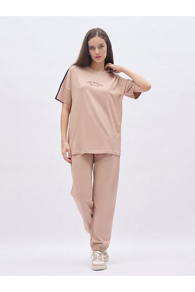 Styli Beige Oversized Slogan T-Shirt and Cuffed Joggers Set