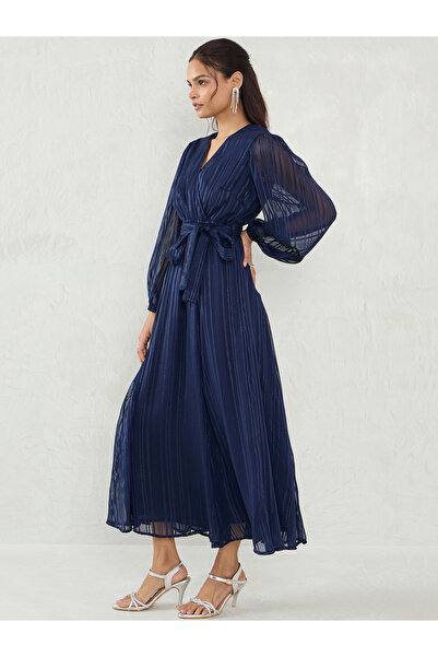 Femmella By Styli Navy Blue Lurex Wrap Look A-Line Maxi Dress with Tie Detail