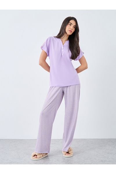 Styli Notch Neck Placket Lace Back T-Shirt and Leopard Pyjama Set