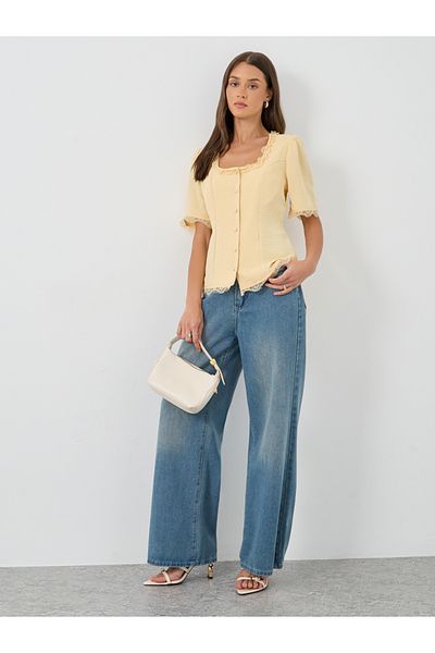 Styli Cotton Lace Trim Square Neck Button up Blouse