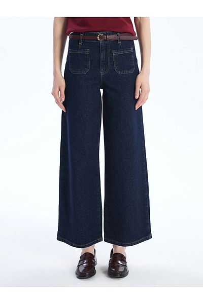 LC Waikiki Lcw Jeans Indigo Wideleg Women's Jean Trousers with Belt