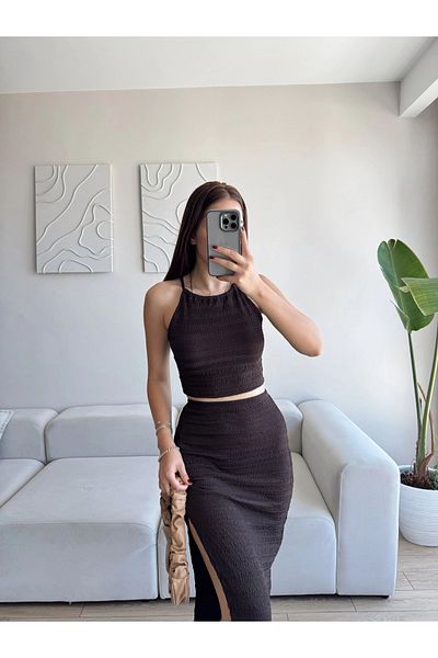 Zoom Butik Halter crop & Slit sets - coffee