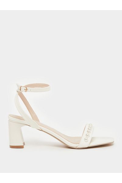 Styli Faux Pearl Ankle Strap Block Heel Sandals