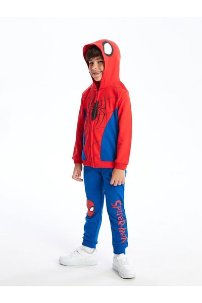 LC Waikiki Lcw Kids Hooded Spider-Man Printed Boys' Cardigan and Sweatpants Bottom 2-Piece Set