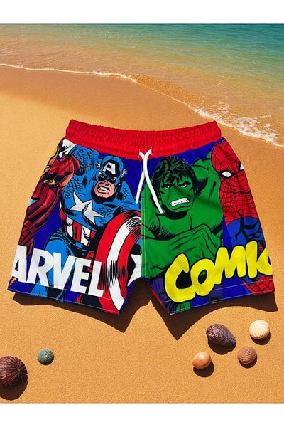 MİLAYS LİFE HOME COLLECTİON Boy's Character Printed Lace-Up Sea and Pool Shorts with Netting Inside